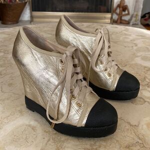 L.A.M.B Denver Gwen Stefani Gold Monogram Leather  Platform Sneakers